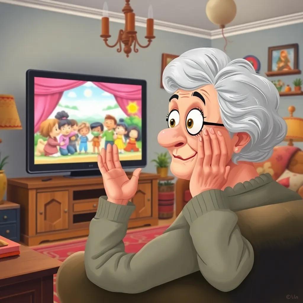 Soad, the elderly woman, with wide eyes and hands on her cheeks, looking at a TV screen showing vibrant animations, cozy living room with bright decor, playful vibe, detailed illustration, child-friendly