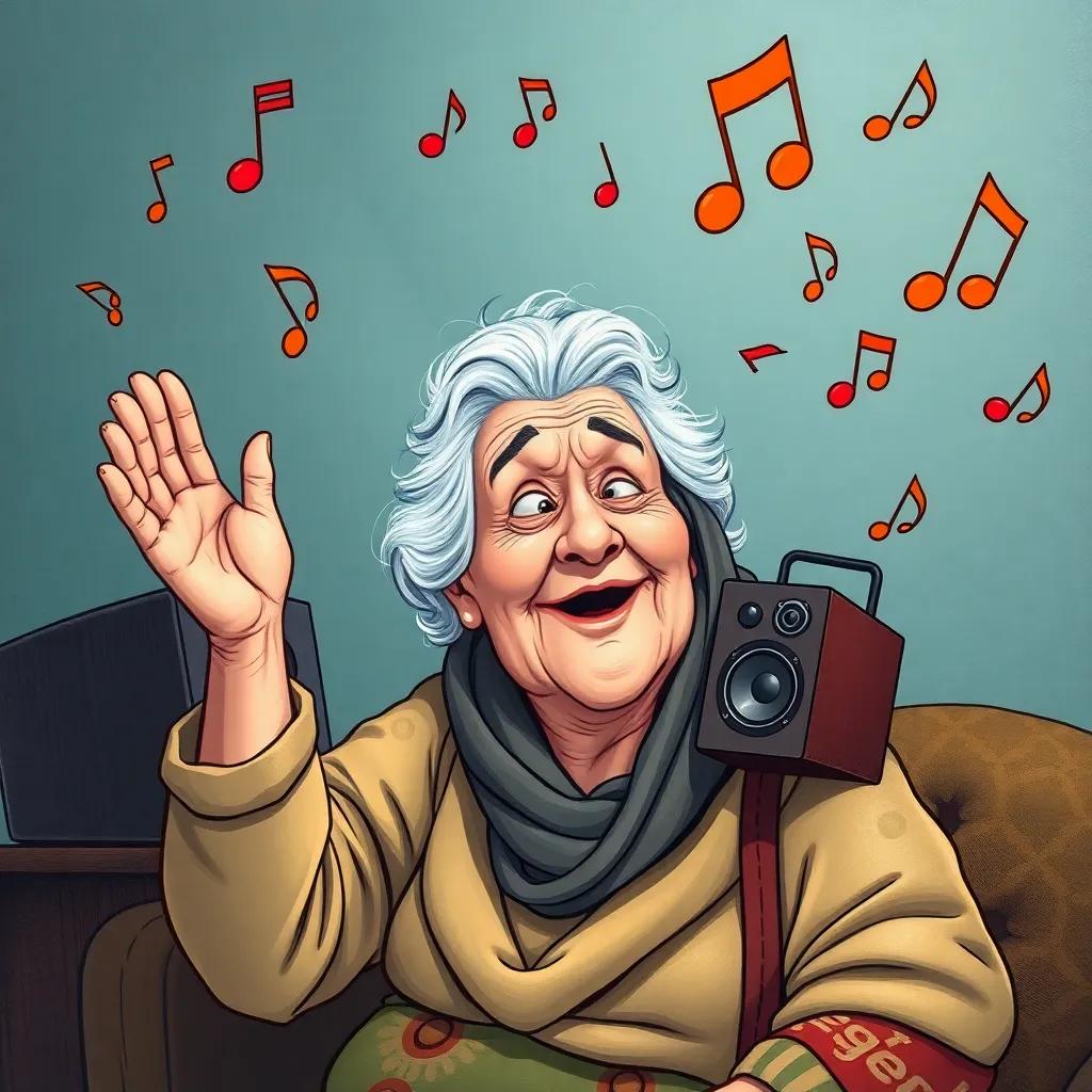 An elderly woman, Soad, shaking her head in disbelief as music flows from a small speaker, cartoonish notes around her, joyful atmosphere, lively colors, illustration, engaging composition, high quality
