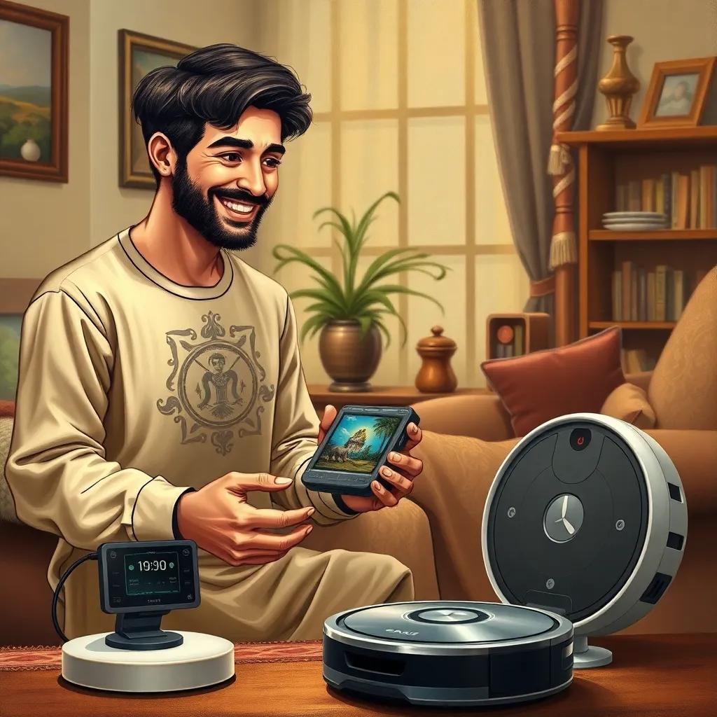 The son, a young Arab man, smiling and explaining technology to Soad, showing a small computer beside a robot vacuum, friendly interaction, homey background, warm colors, detailed illustration, heartwarming scene