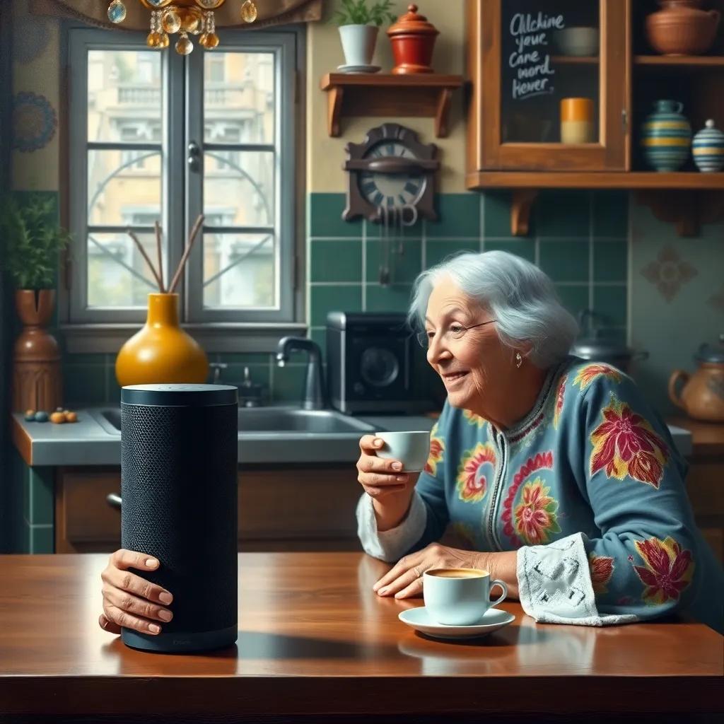 Soad, the elderly woman, curiously interacting with a smart speaker, asking for coffee, smile on her face, colorful kitchen setting, bright colors, engaging image, high quality