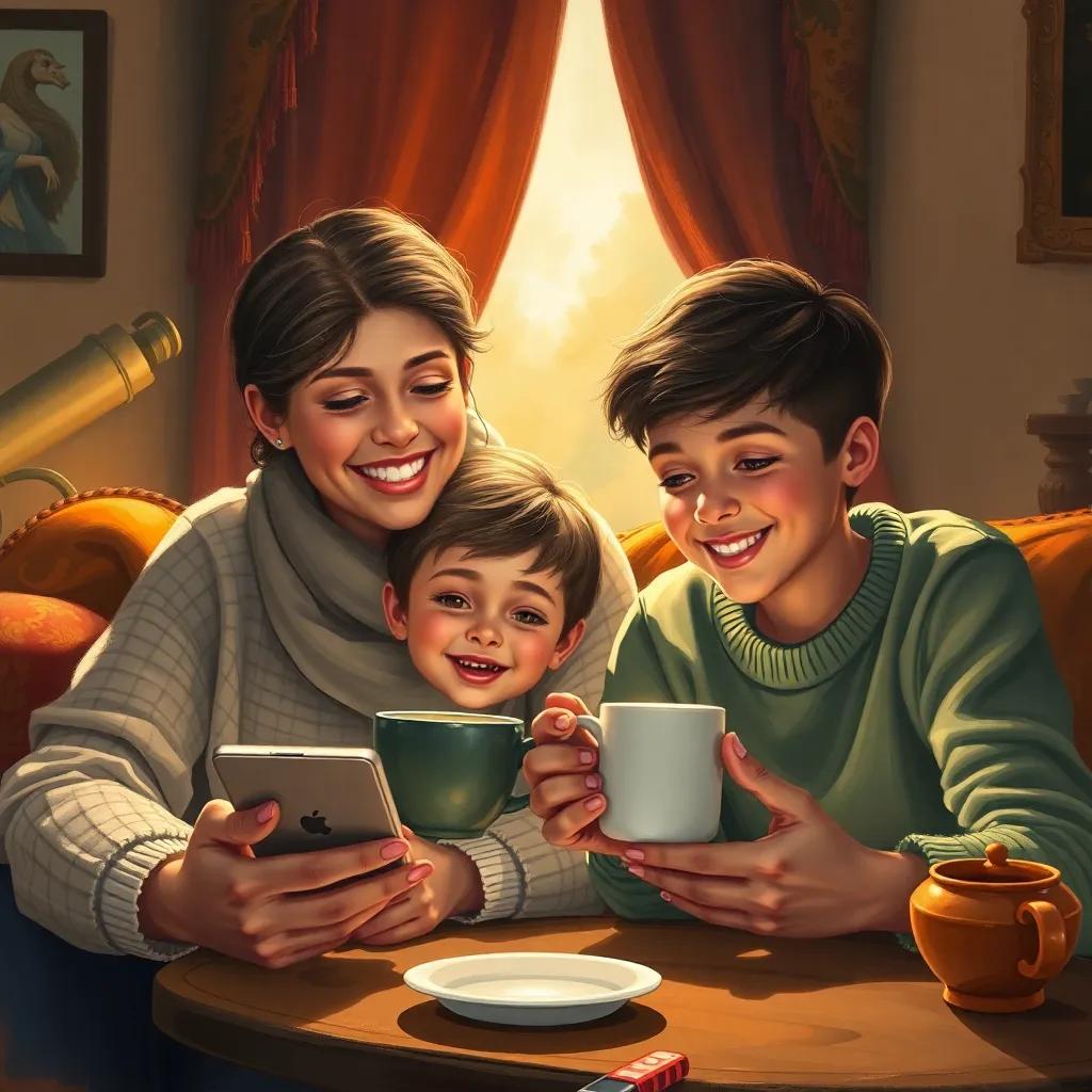 A cozy family setting with Soad and her son enjoying coffee together, surrounded by smart devices, warm light and happy expressions, heartwarming scene, detailed digital art, inviting colors