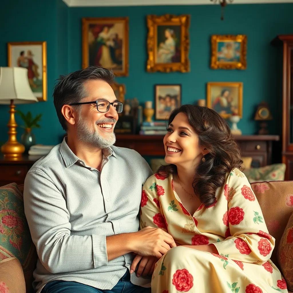 A warm and cheerful image of Soad feeling comfortable in her son's smart home, smiling while looking around, colorful decor, inviting atmosphere, high quality