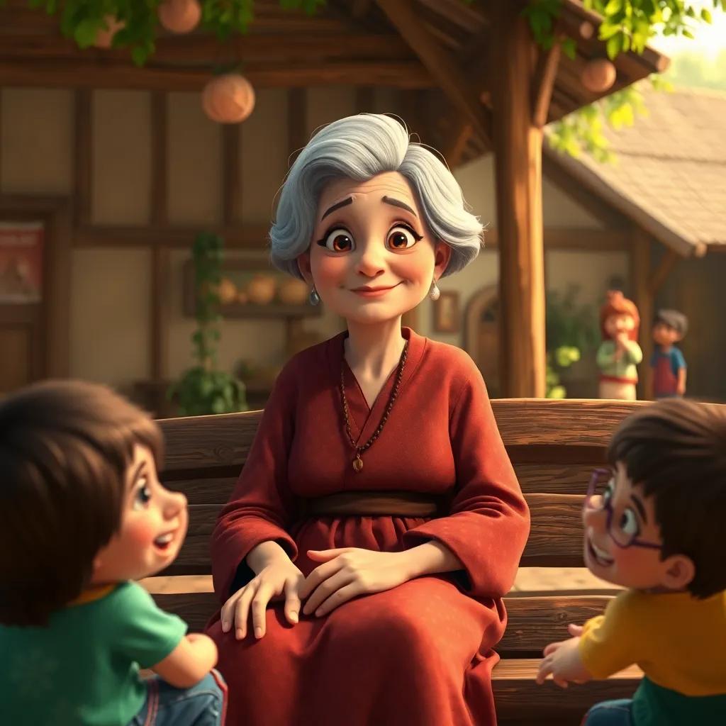 A kind elderly woman, Zweena, with gray hair and bright eyes wearing a traditional dress, sitting on a wooden bench in a village square surrounded by happy children, storytelling, digital art, cozy atmosphere, warm colors, high quality