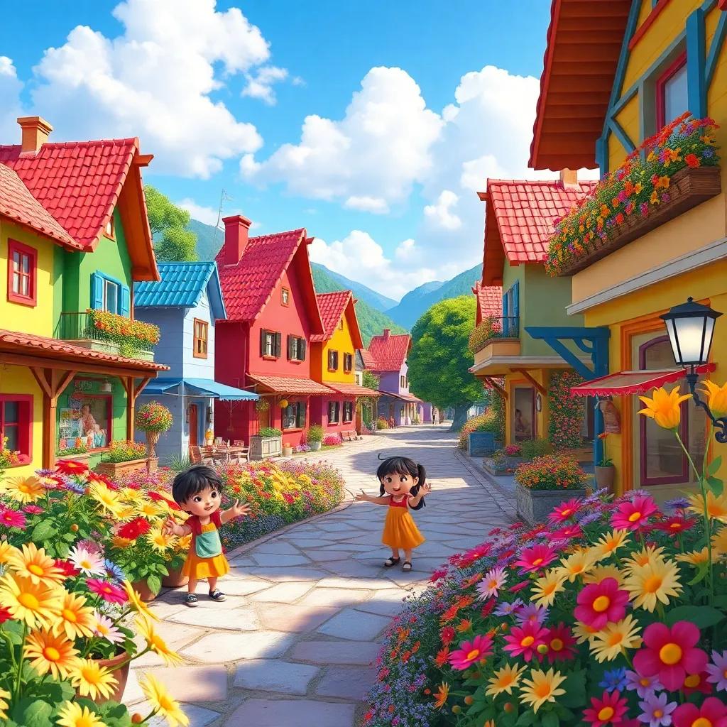 A colorful village with bright flowers and happy children playing, digital art, vivid colors, cheerful atmosphere, high quality