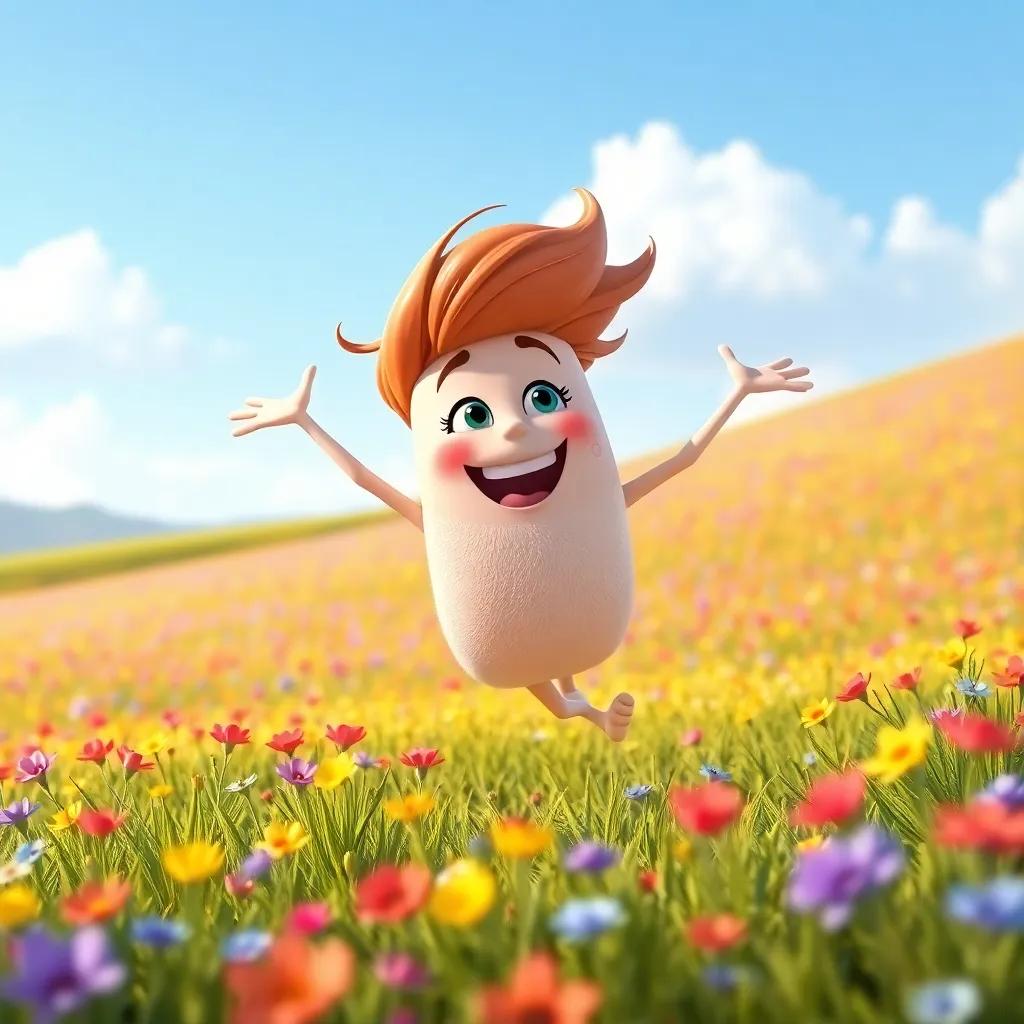 An imaginative scene of a personified noun phrase dancing joyfully in a colorful field, joyful expression, bright surroundings, illustration