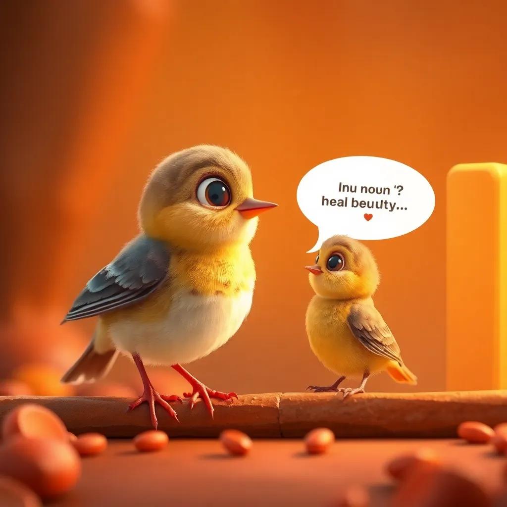 A small bird visiting the noun phrase and asking about its beauty, the bird looking curious, warm colors, heartwarming moment, child-friendly