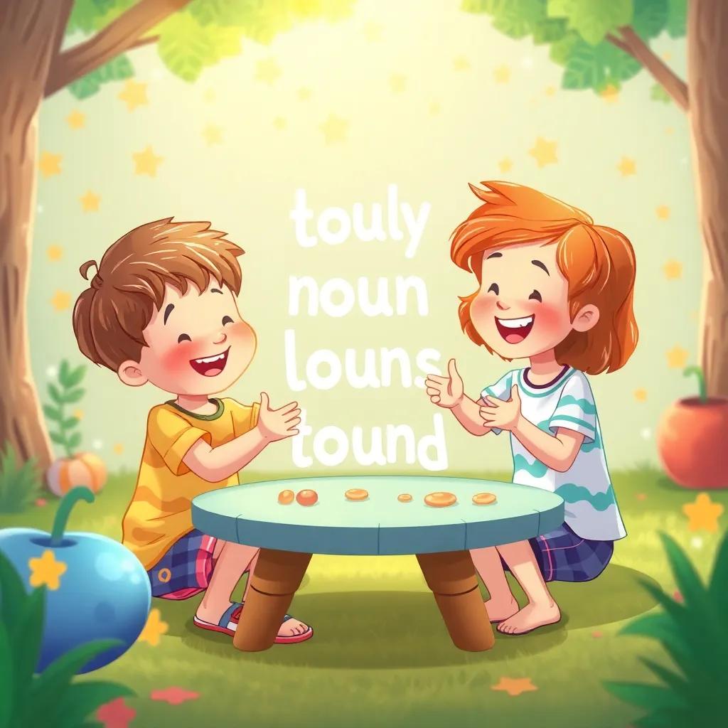 Children playing with the noun phrase, creating new sentences together, happiness around, colorful illustrations, joyful atmosphere