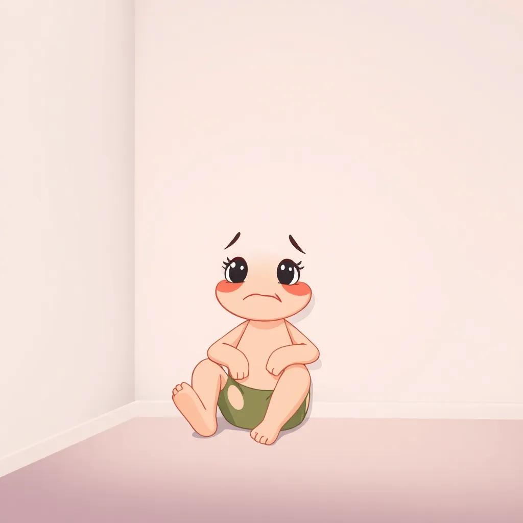 A lonely verb phrase sitting in a corner, feeling sad with a worried expression, soft colors, calm atmosphere, child-friendly