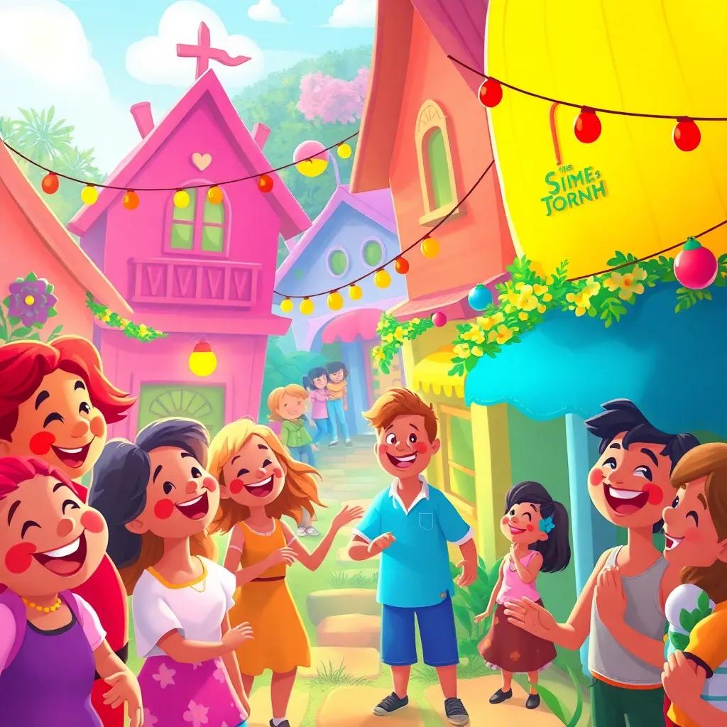 A joyful scene of the village filled with laughter and music, with vibrant colors and happy faces all around, cheerful atmosphere, festival-like feel