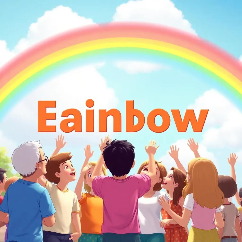 A harmonious blend of noun and verb phrases coming together with a rainbow in the sky and the community cheering, bright colors, uplifting imagery