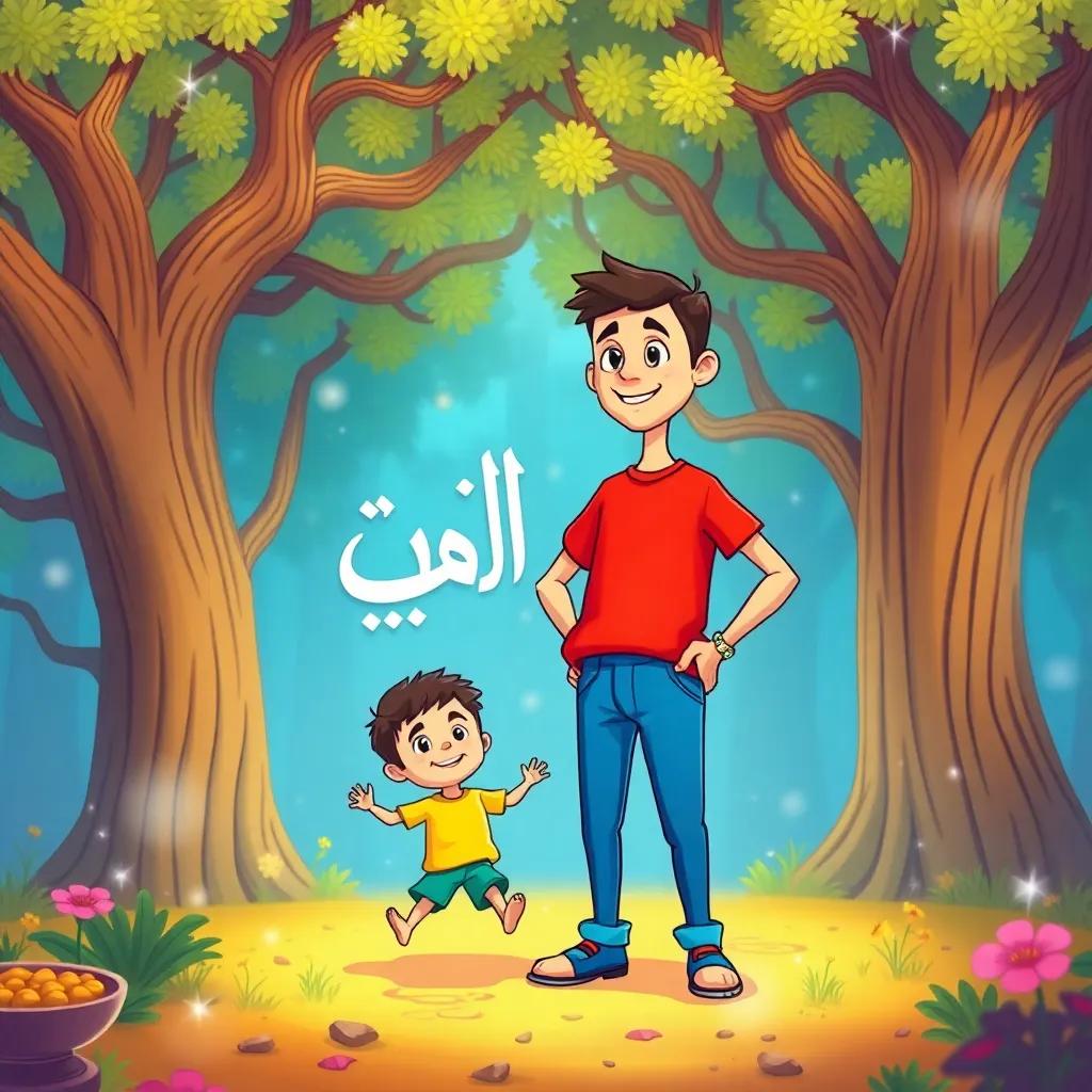 A colorful and imaginative illustration of a vibrant Arabic sentence in a magical tree world, with two playful characters representing 'مبتدأ' and 'خبر'. The 'مبتدأ', a tall and proud character, wearing a bright red shirt and blue pants, stands confidently at the forefront. The smaller character, 'خبر', wears a cheerful yellow shirt and green pants, joyfully skipping beside his brother. Background filled with giant book trees and sparkles, digital art, lively colors, whimsical atmosphere, high quality