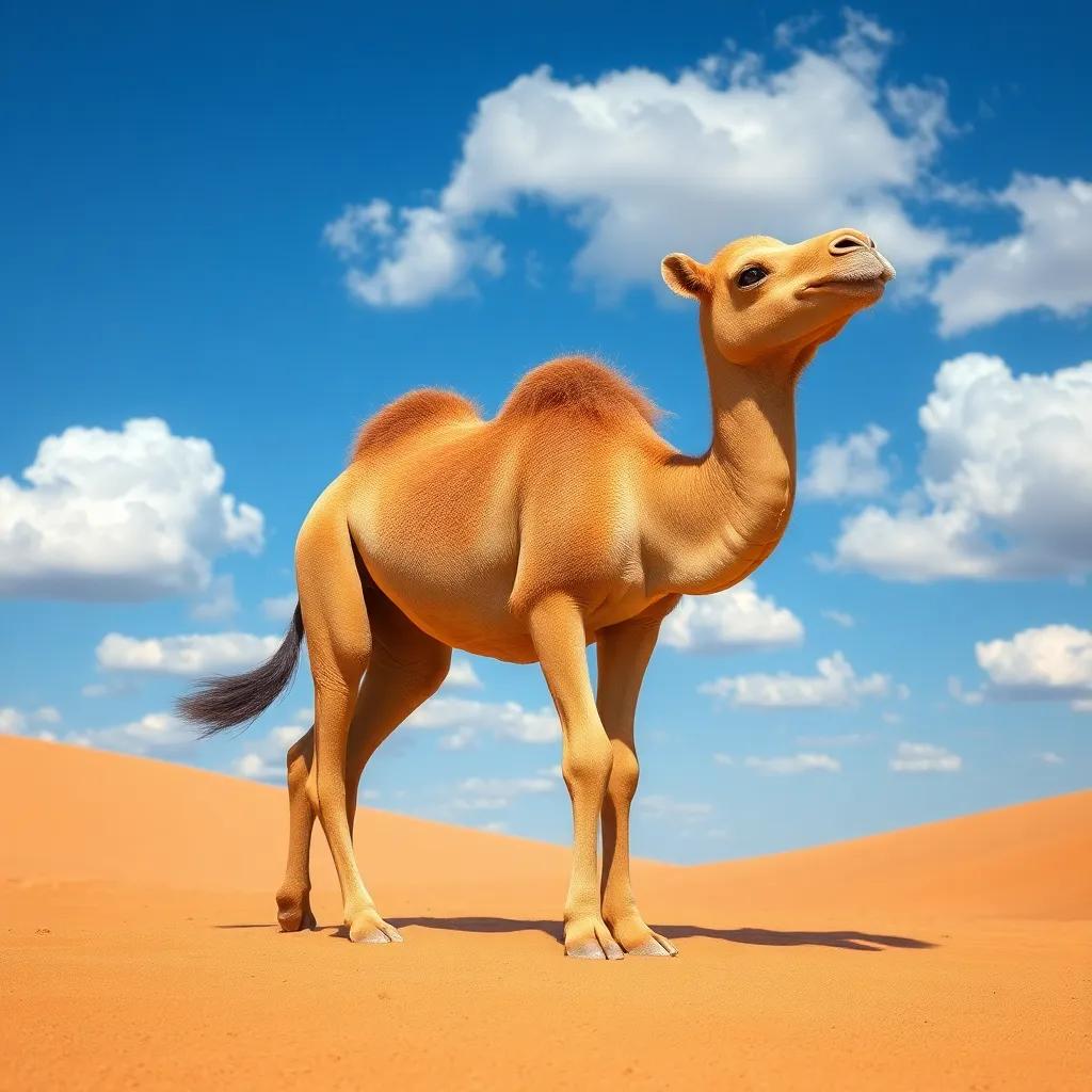 A small camel, Jamel, happily playing in a sandy desert, with bright blue sky and fluffy white clouds, colorful, joyful atmosphere, cheerful digital art