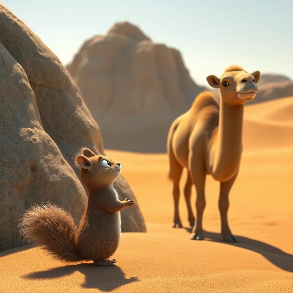 A surprised squirrel watching Jamel the camel, standing by a large rock in the desert, with shadows and golden sand, charming and lively illustration