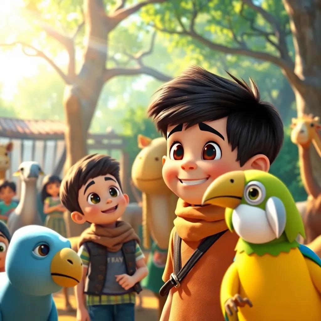 A lively zoo filled with children and animals, with a young boy named Hanzala, looking puzzled, and a cheerful parrot named Shifa calling for the camel, sunlight filtering through trees, digital art, vibrant colors, joyful atmosphere, high quality
