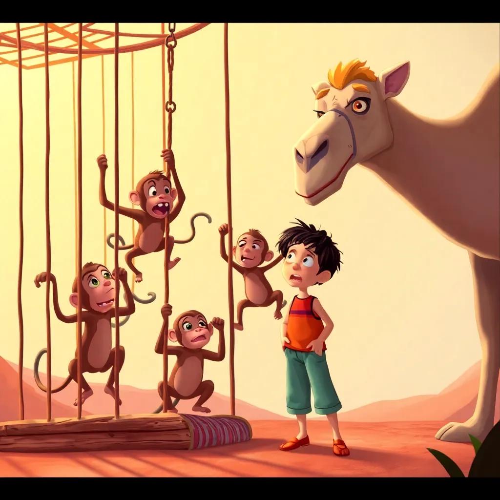 A monkey cage with playful monkeys swinging, a worried boy named Hanzala standing close by, while the wise camel Hadi warns him, vivid illustration, warm colors, engaging, high quality