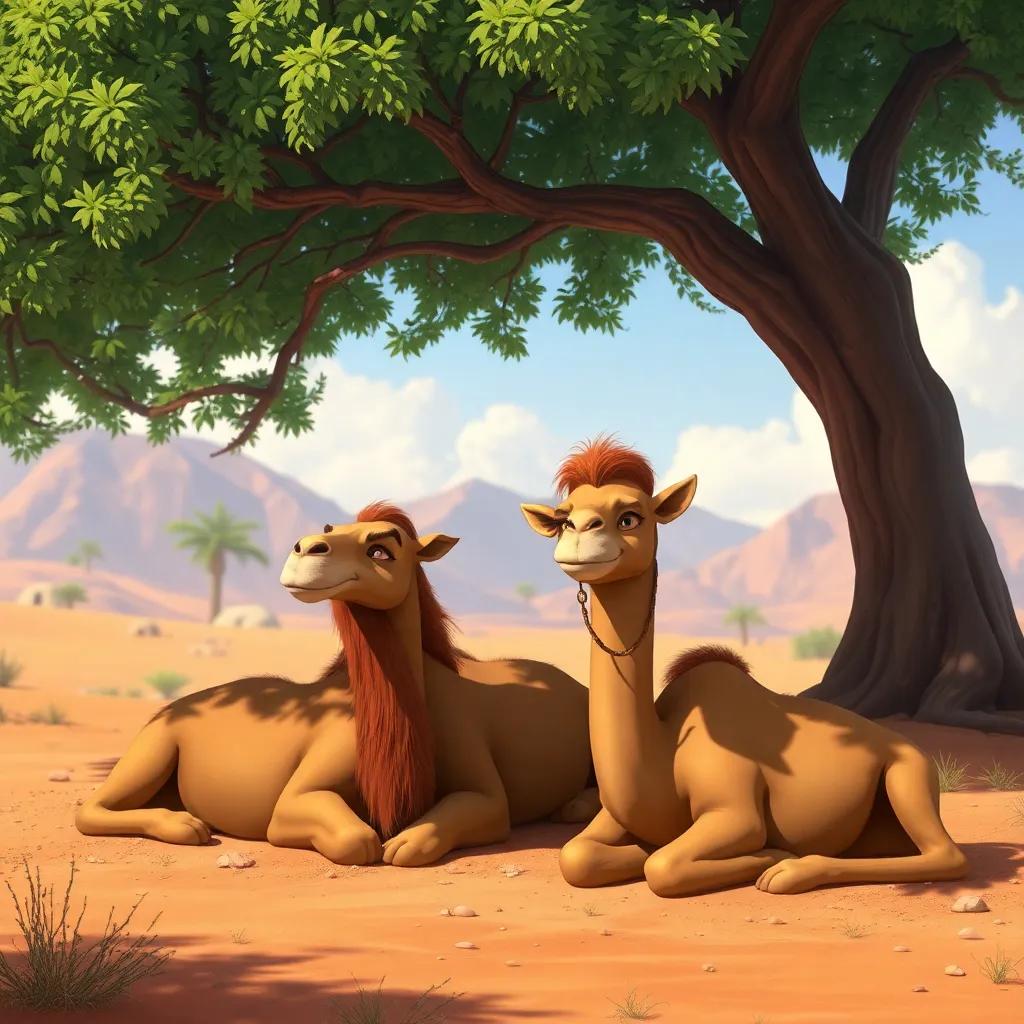Friends resting under a large shady tree, with a sense of camaraderie, the camel Hadi looking thoughtful, vibrant scenery, relaxing atmosphere, detailed art, high quality