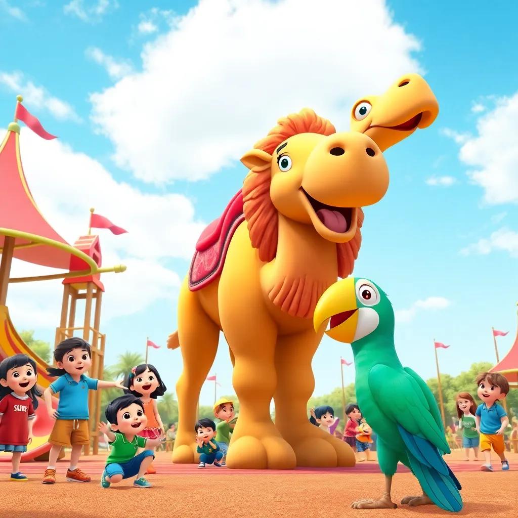 A majestic playground filled with laughing children and a giant toy camel, Shifa the parrot looking excited, bright colors contrasting with blue sky, lively cartoon-style, cheerful vibe, high quality