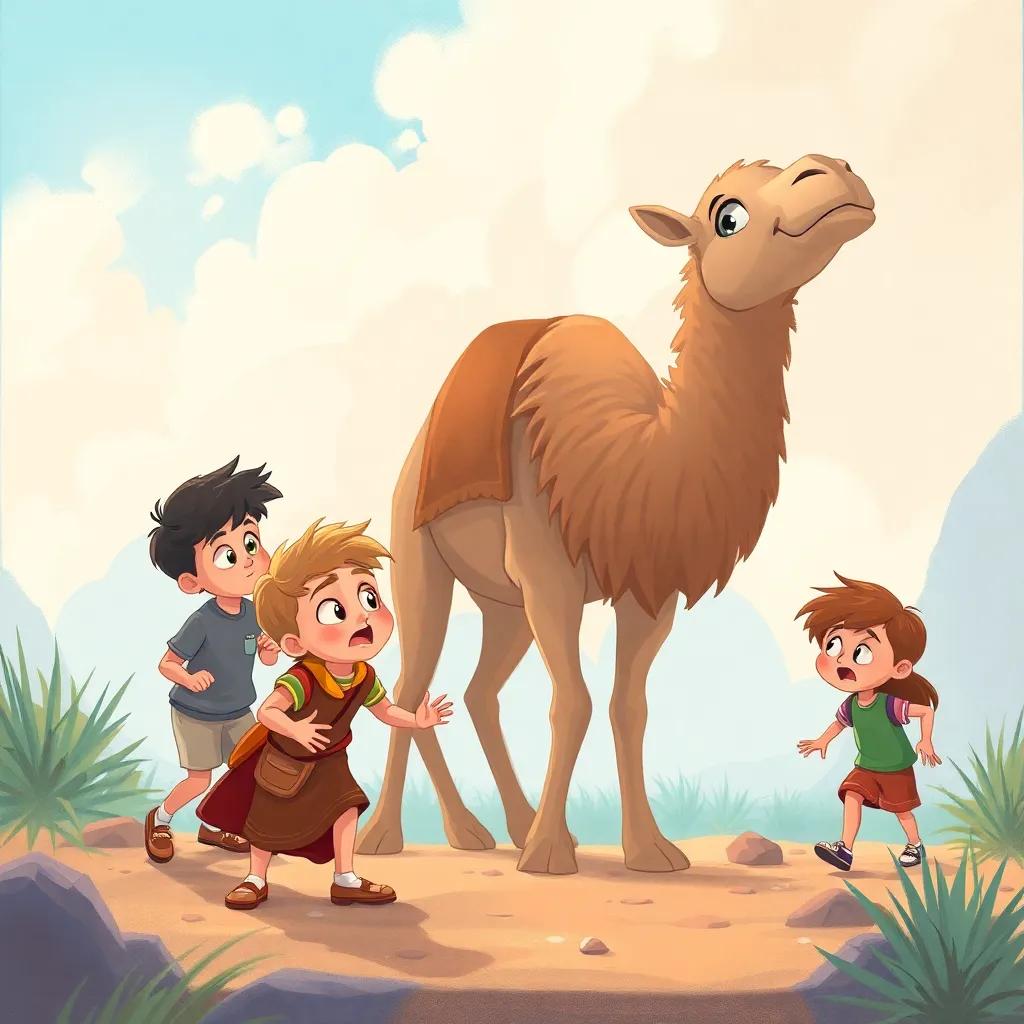 Friends anxiously searching for the lost camel, other children joining the search, tension and curiosity in the air, engaging illustration, colorful, lively scene, high quality