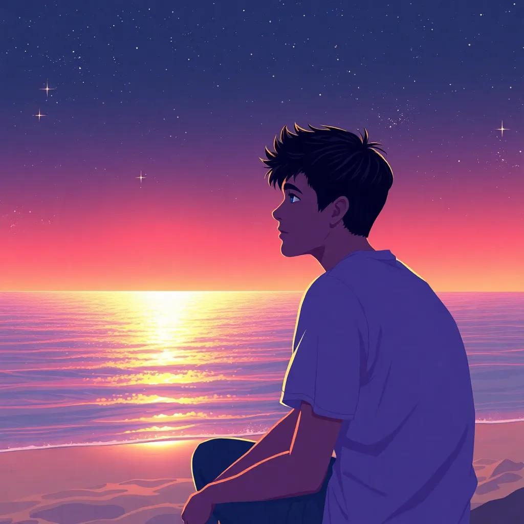 A young Arab boy, Sami, with short black hair and wearing a simple t-shirt, sitting on the beach, watching the shimmering sea under a starry sky, digital painting, warm colors, dreamy atmosphere, high quality