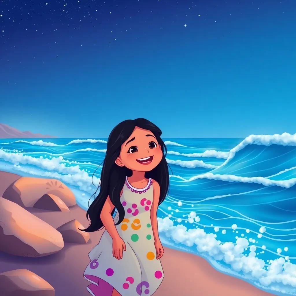 A young Arab girl, Leila, with long black hair wearing a bright dress, laughing by the seaside with Sami, the waves crashing and stars twinkling above, illustration, cheerful, vibrant, child-friendly