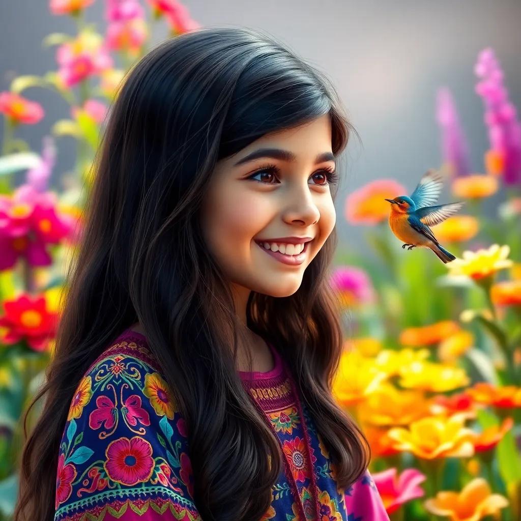 A young Arab girl, Leila, with long, dark hair, wearing a colorful dress, smiling brightly while looking at a beautiful bird singing in a colorful garden, digital art, vibrant colors, cheerful atmosphere, high quality