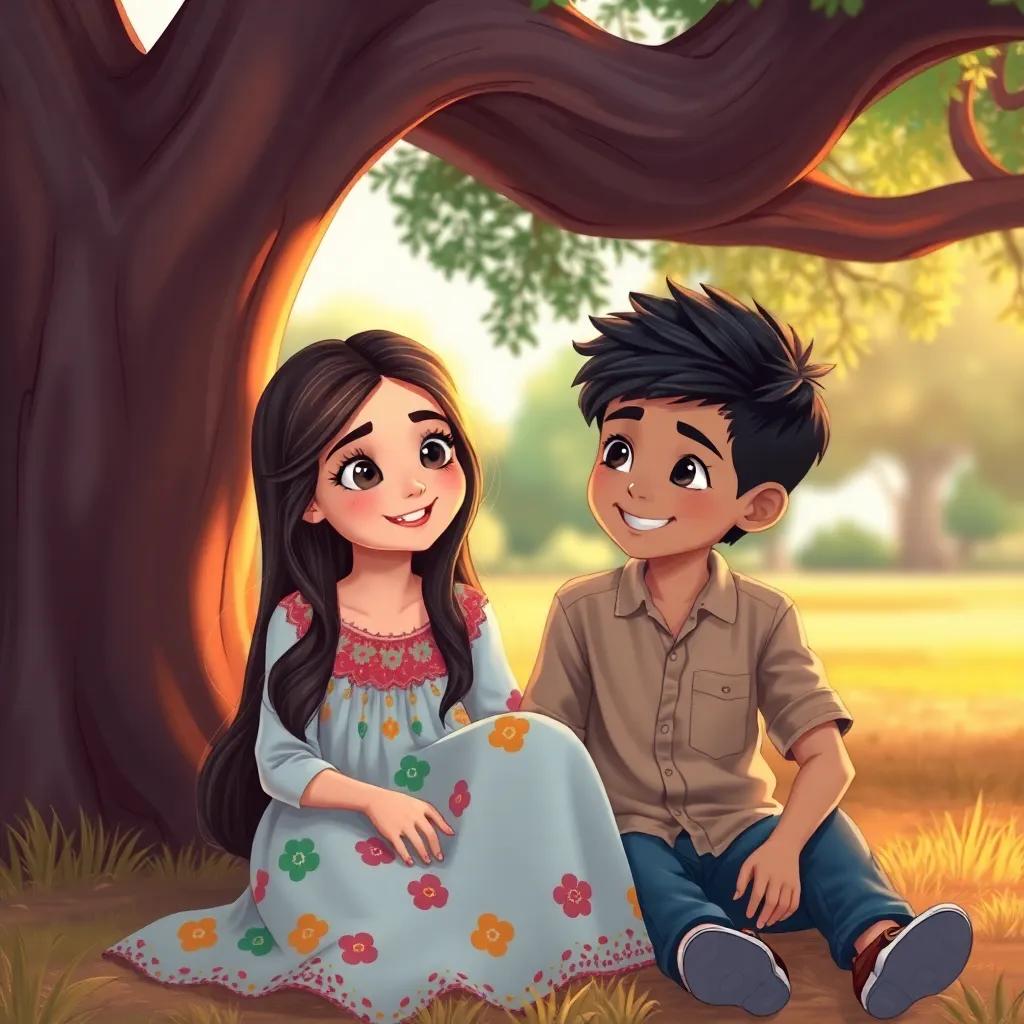 A young Arab girl, Leila, with long, dark hair, wearing a colorful dress, sitting under a large tree with a boy, Adam, who has short black hair wearing a casual shirt, both smiling at each other, illustration, warm light, inviting scene, cute and friendly