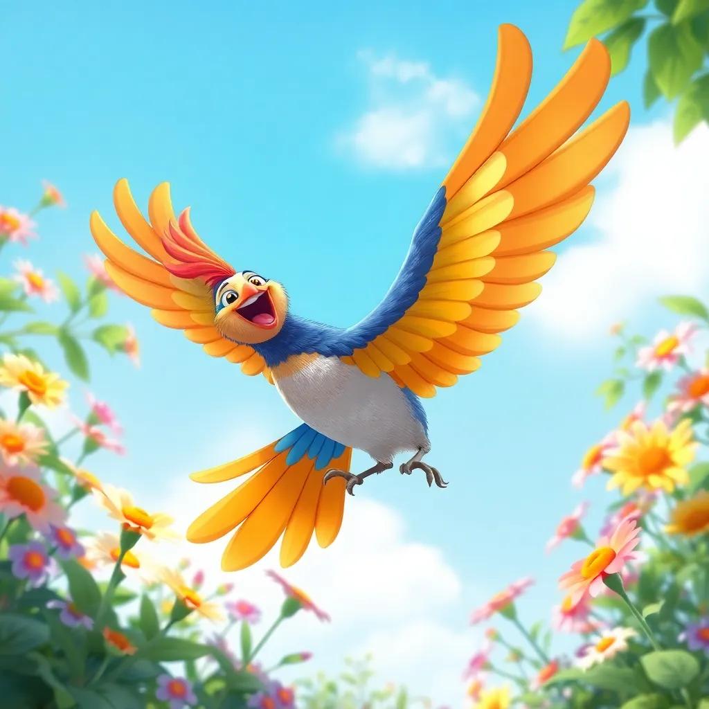 A colorful and beautiful bird named Zuzu, flying into the garden and greeting Toto with joy, surrounded by flowers and a clear blue sky, illustration, happy and warm vibe, child-friendly, high quality