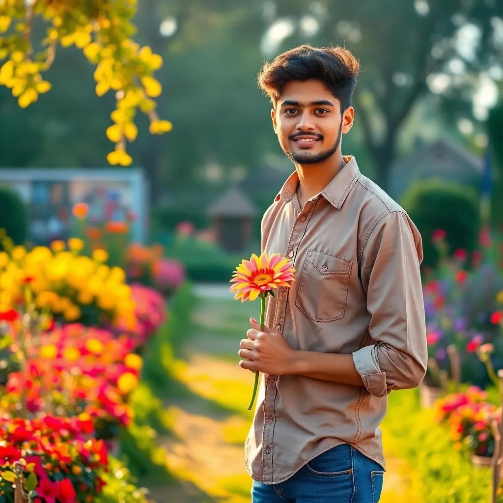 A handsome young man, Abdullah, 18 years old, wearing a casual shirt and jeans, standing in a beautiful garden holding a multicolored flower, softly smiling, golden hour light, vibrant scene, engaging perspective, high quality