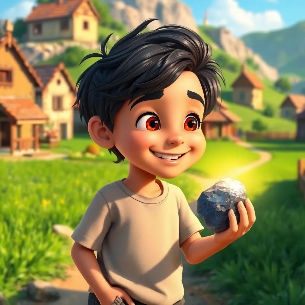 A small village with houses and green fields, featuring a young boy, Ali, with dark hair wearing a simple shirt and pants, smiling and discovering a shiny stone in sunlight, digital art, vibrant colors, cheerful atmosphere, inviting scenery
