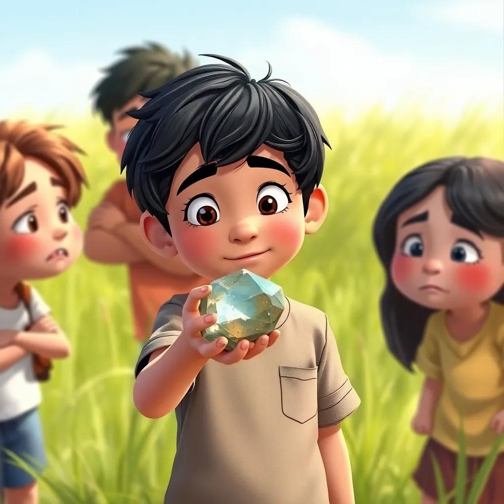 Ali, a young boy with dark hair in a simple shirt, showing the shiny stone to his friends in a grassy area, their faces showing varying levels of disinterest, illustration, playful, colorful, child-friendly