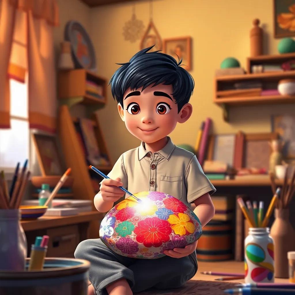 Ali, a young boy with dark hair in a simple shirt and pants, painting the shiny stone with bright colors in his room, surrounded by art supplies, warm light, creative ambiance, inspiring atmosphere