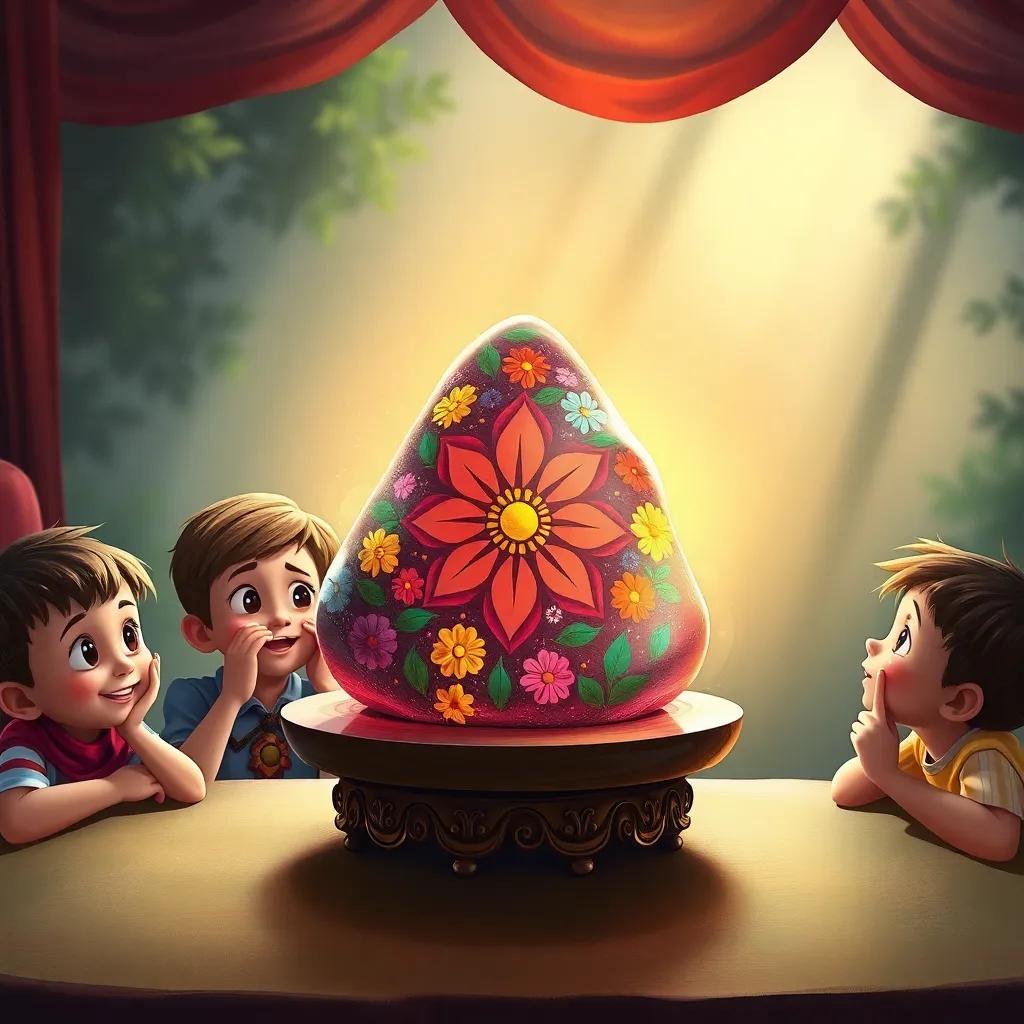 A beautifully decorated stone, transformed by Ali, placed on a table with children admiring it, expressing amazement, digital painting, vibrant, joyful setting