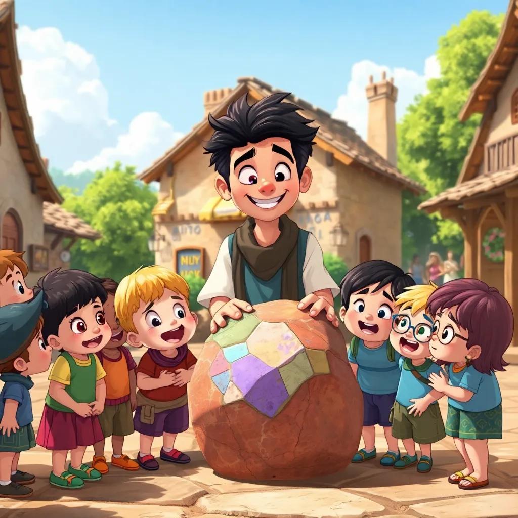 Children from the village gathered around Ali, with excited expressions, looking at the lovely colorful stone, in a village square during a sunny day, illustration, cheerful, celebration of creativity