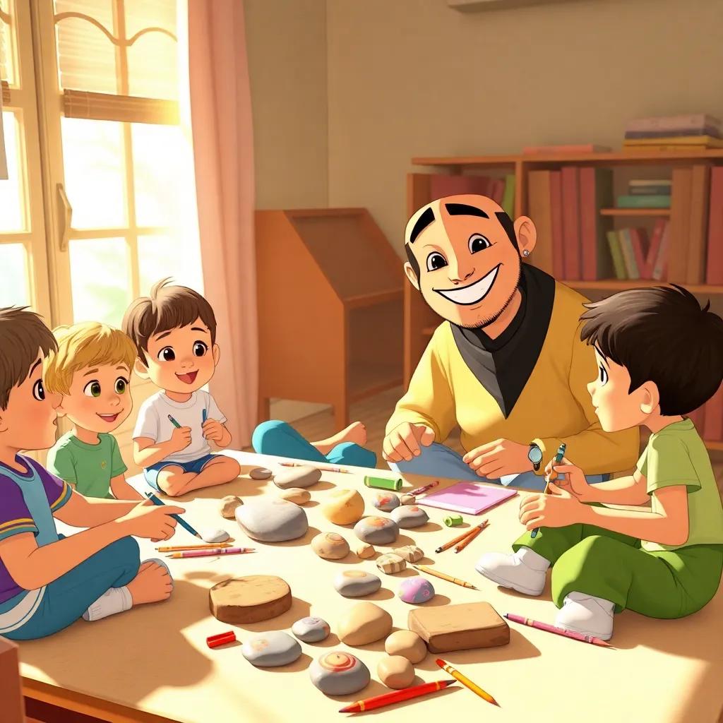 Ali teaching his friends how to decorate stones, all sitting together with art supplies, everyone focused and engaged, cheerful atmosphere, warm sunlight, classroom vibe