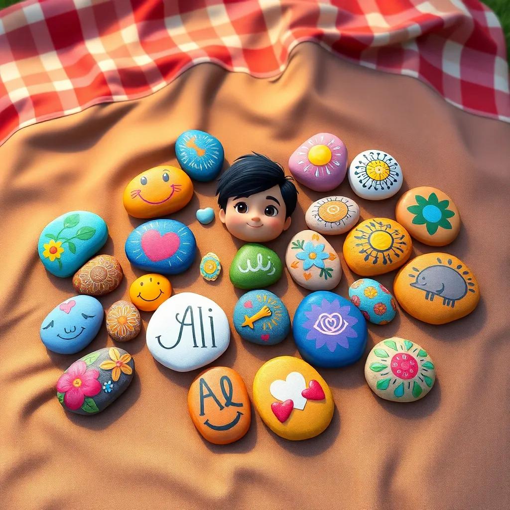 A colorful collection of decorated stones made by Ali and his friends, spread out on a picnic blanket, showcasing creativity and teamwork, child-friendly art style