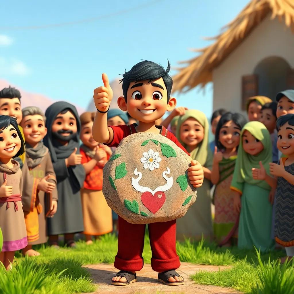 Ali receiving encouragement from villagers, standing proudly with his decorated stone, everyone smiling and giving thumbs up, visuals of a supportive community, heartwarming scene