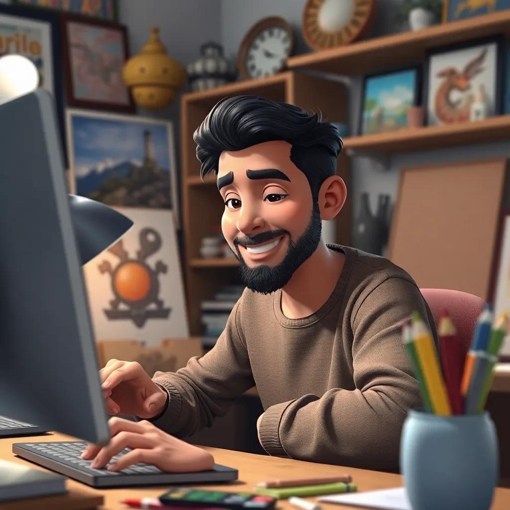 Ali working tirelessly on a new project, surrounded by art, his face focused yet happy, capturing the essence of creativity and hard work, lovely workspace