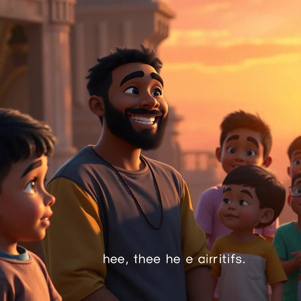 A final scene with Ali sharing his wisdom with a group of children, smiling and enthusiastic, inspiring the next generation of artists, warm sunset backdrop, motivational vibe