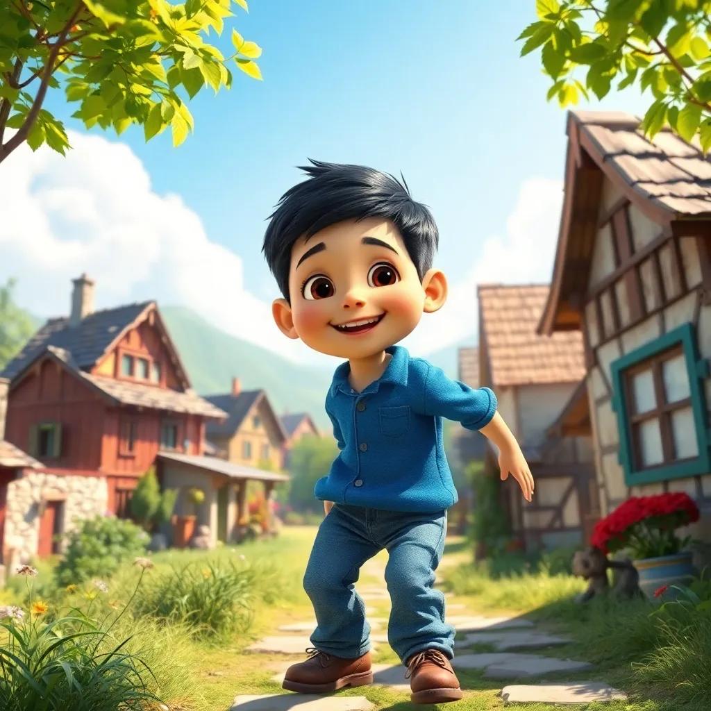A scenic small village in bright sunlight, showing a curious boy named Adam, with short black hair, wearing a blue shirt and jeans, exploring nature with a joyful expression, digital art, colorful, inviting atmosphere, high quality