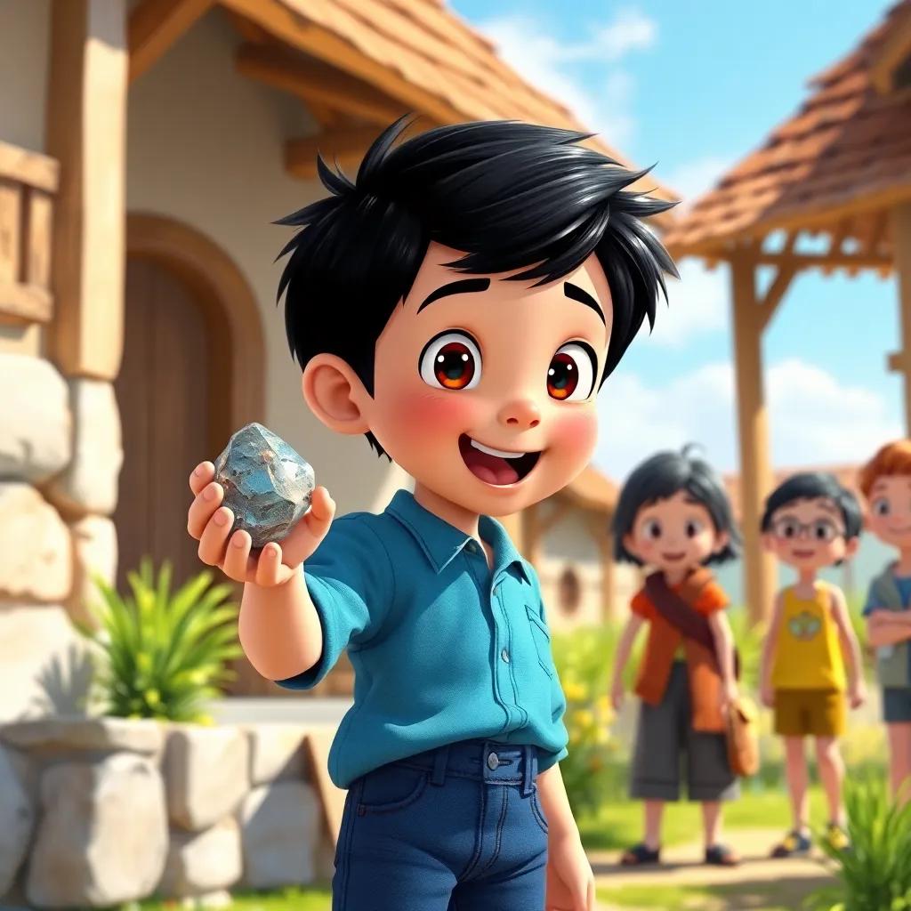 Adam, a young boy with short black hair, wearing a blue shirt and jeans, excitedly showing a shiny stone in his hand to disinterested friends, in a sunny village setting, illustration, vibrant colors, friendly environment, high quality