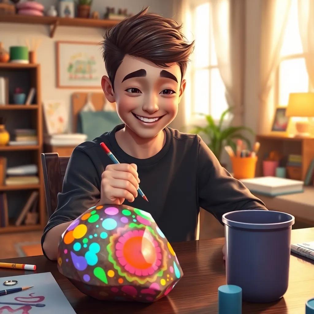 Adam at home, sitting at a table, painting a shiny rock with bright colors and creative patterns, his face showing concentration and happiness, cozy room with colorful art supplies, digital art, warm light, high quality