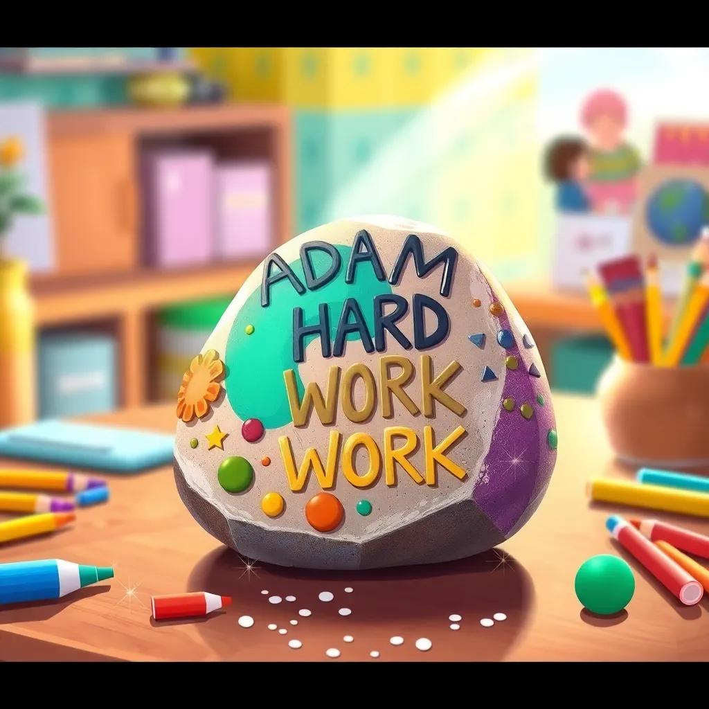 A colorful and decorated stone on a table, showcasing Adam's hard work, surrounded by sparkles and small art supplies, bright and cheerful atmosphere, child-friendly illustration, vibrant colors, high quality