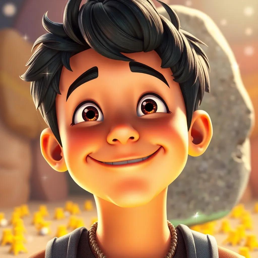 A close-up of Adam's face, smiling and proud, with sparkles around him and his decorated stone behind him, conveying happiness and achievement, colorful background, cheerful atmosphere, digital art, high quality