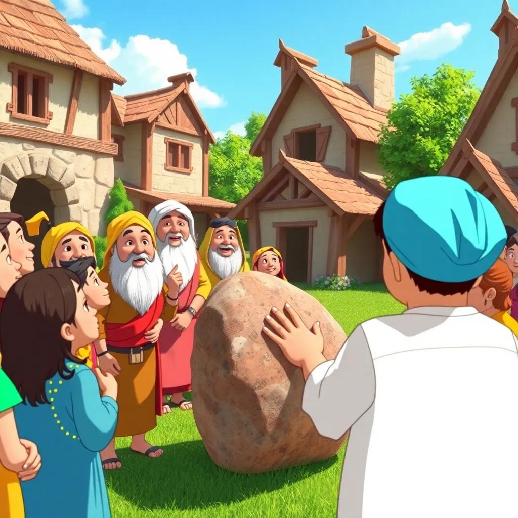 A cheerful scene in the village, where villagers are gathered around Adam admiring his decorated stone, showcasing excitement and appreciation, bright sunny day, illustration, vibrant colors, friendly interactions, high quality