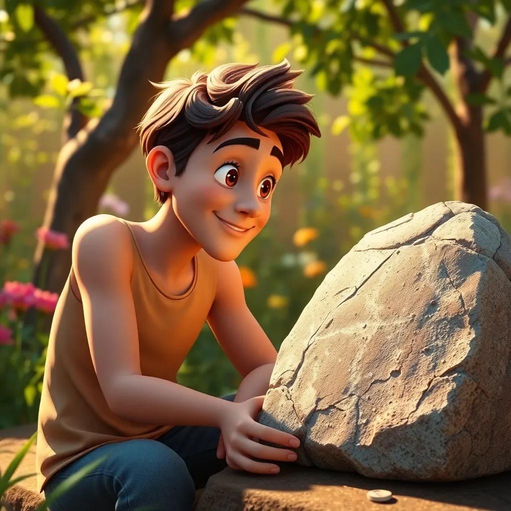 A thoughtful Adam looking at his decorated stone with a smile, pondering the value of creativity versus material wealth, in a sunny garden background, digital art, warm colors, insightful atmosphere, high quality