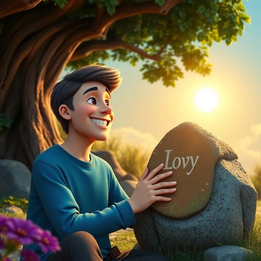 Adam looking at his decorated stone, smiling and feeling fulfilled, surrounded by nature, with the sun shining brightly, representing joy of creativity and effort, digital art, calming colors, beautiful scene, high quality