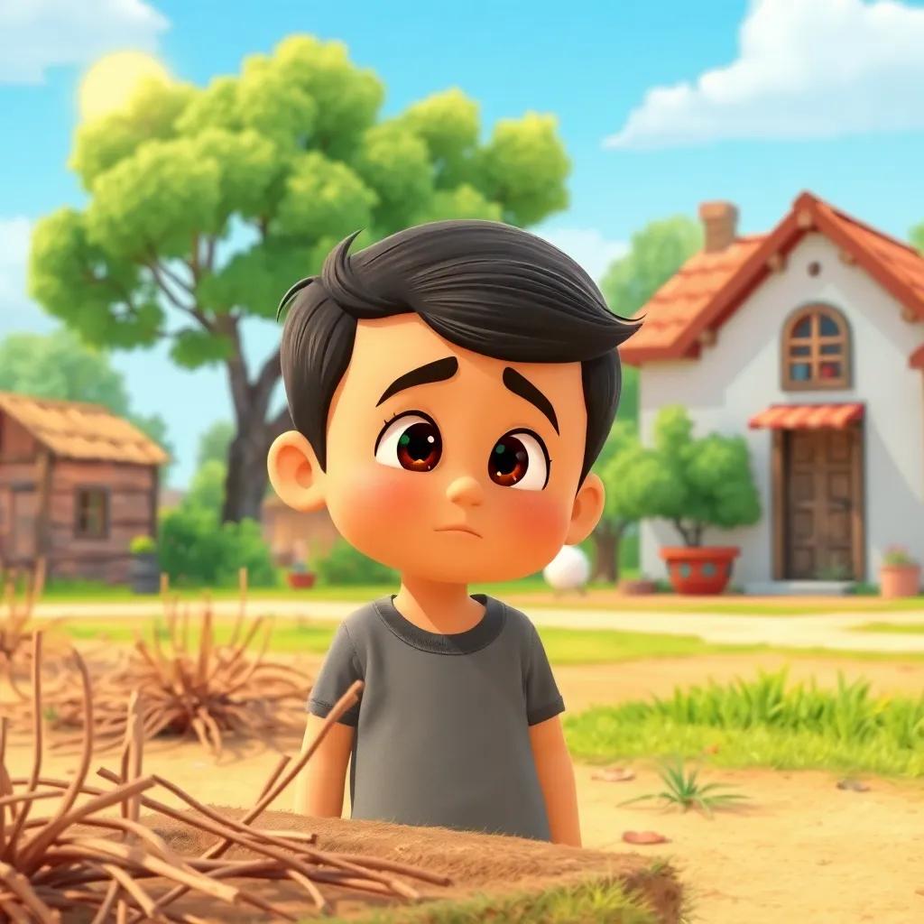 A small village with a sunny day, a boy named Karim looking at his dry garden, feeling sad, a small house and trees in the background, cheerful atmosphere, digital art, bright colors, child-friendly
