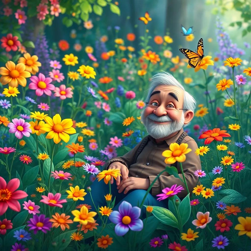 A magical garden filled with colorful flowers, a variety of plants and butterflies, an old man sitting in the flowers with a kind smile, vibrant scene, whimsical art style, inviting and friendly