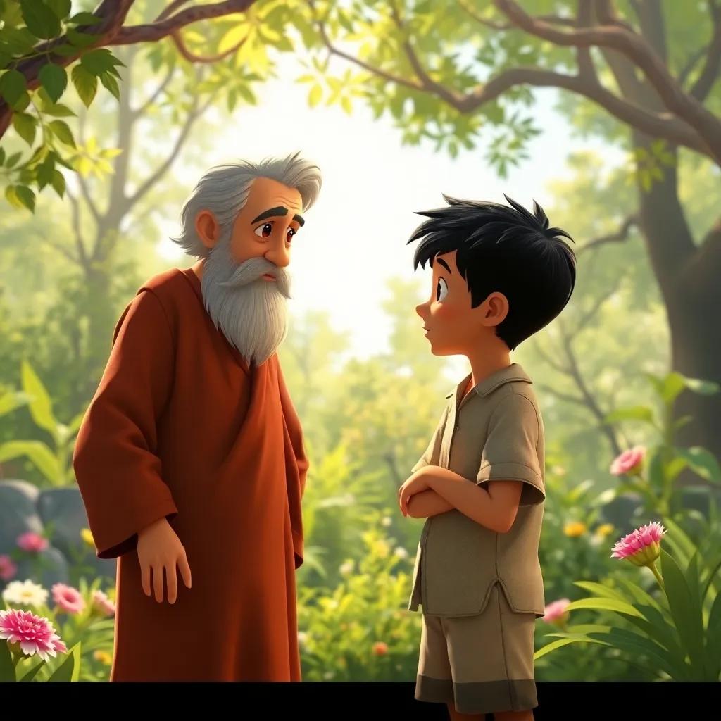 Karim the boy, with short black hair and wearing a simple shirt and shorts, asking the old man for advice in the magical garden, sunny day, light filtering through the trees, delightful atmosphere