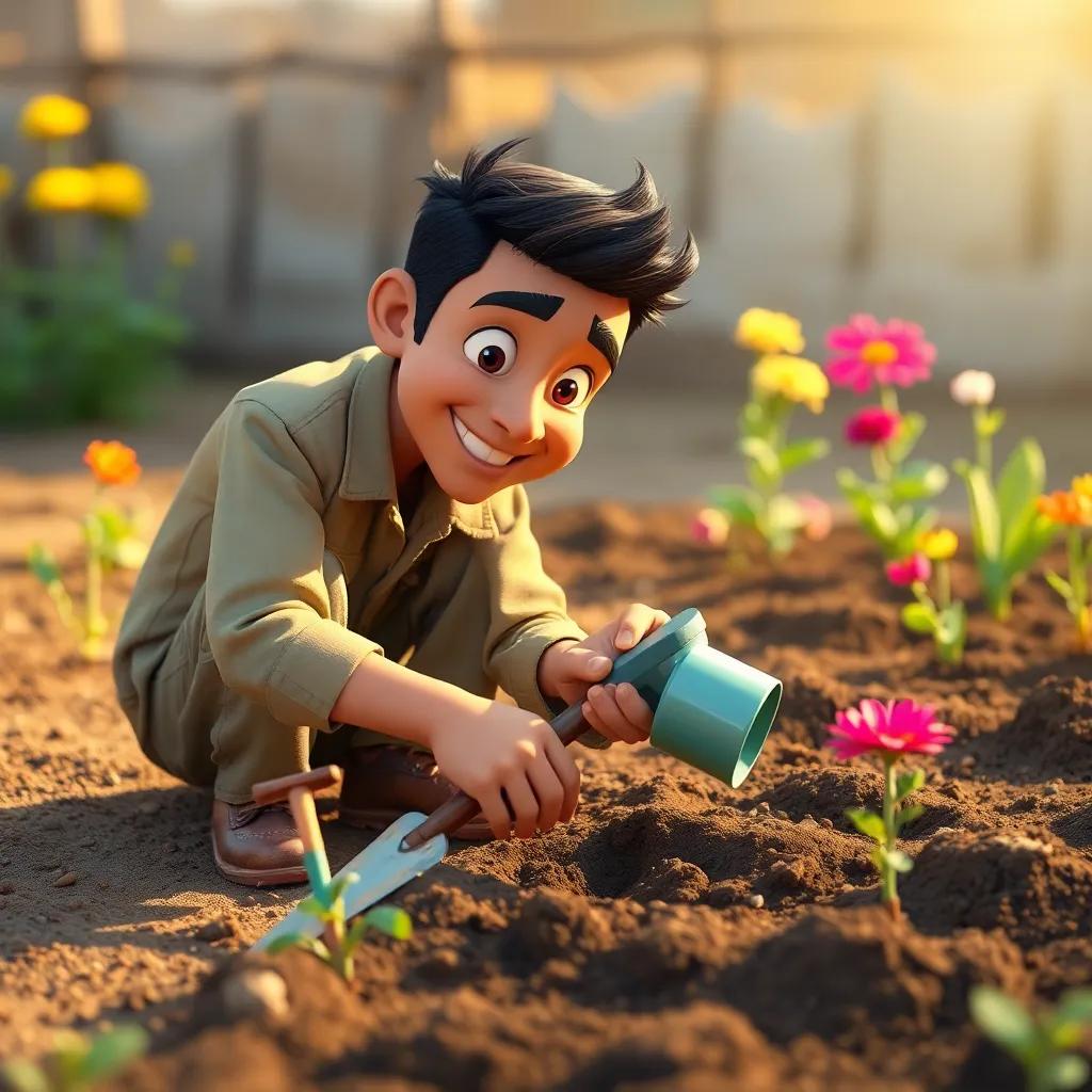 Karim working hard in his dry garden, digging, planting seeds, watering with a smile, small tools around him, focused and determined, colorful flowers starting to grow in the background, warm light